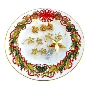 Vintage Gold Tone Christmas Ornaments Set 9 Enamel Angels Stars Tree Topper 2"